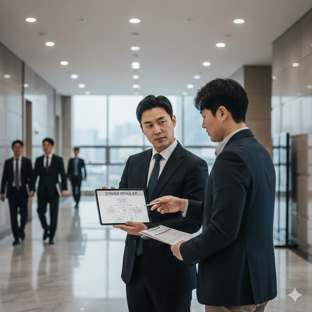 변호사가 의뢰인에게 소송 절차도가 그려진 태블릿 화면을 보여주며 설명하는 모습