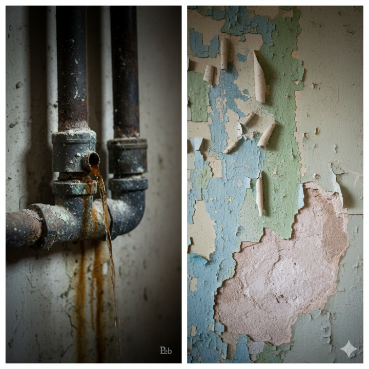 노후된 수도관, 납 페인트가 벗겨진 벽