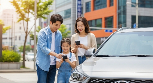 한국 도심에서 미소를 띤 가족이 차량 등록을 모바일로 진행하는 모습