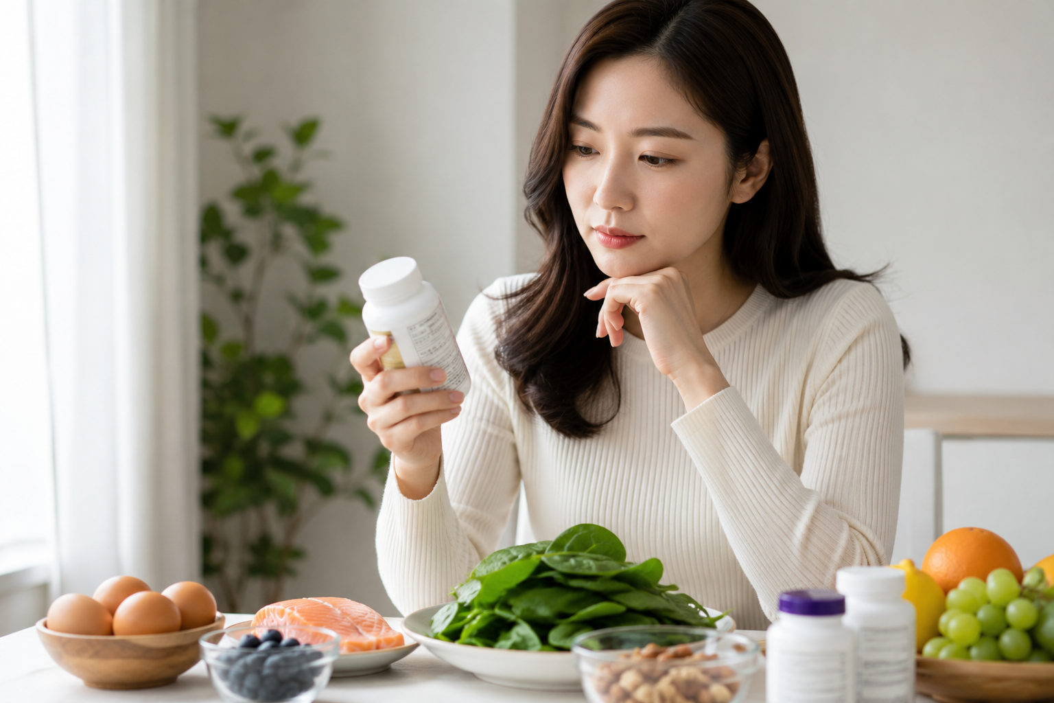 눈 영양제보다 균형 잡힌 식사를 우선하며 성분을 확인하는 여성