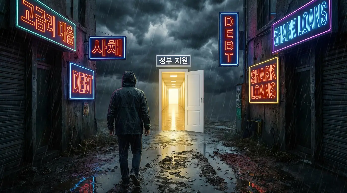 성실하게 변제금을 납부한 사람이 고금리 대출의 유혹을 뿌리치고 정부 지원 저금리 대출이라는 밝은 문으로 들어가는 모습