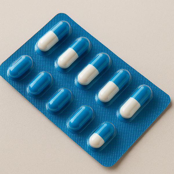 푸른색과 흰색으로 구성된 캡슐 알약이 담긴 블리스터 팩의 클로즈업 이미지