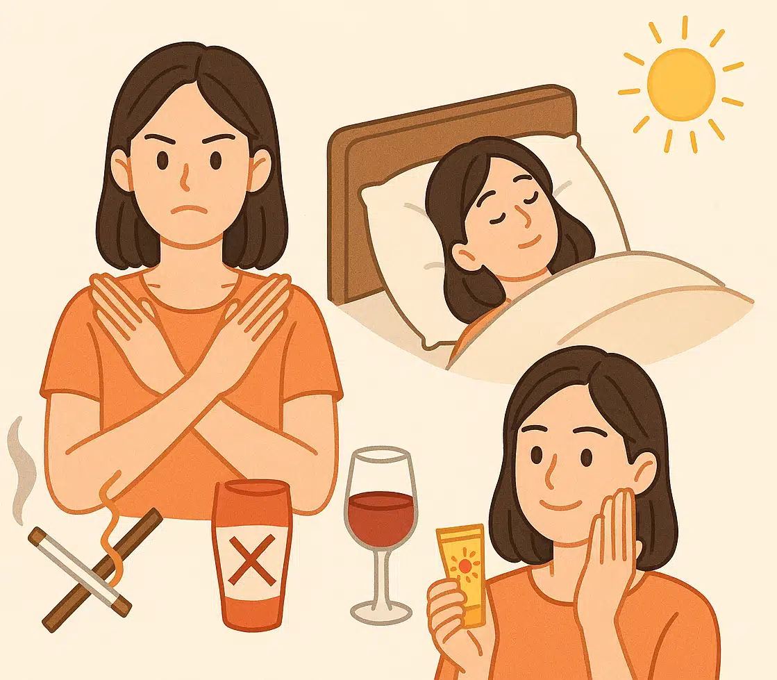 금연·금주, 충분한 수면, 자외선 차단제를 바르는 장면