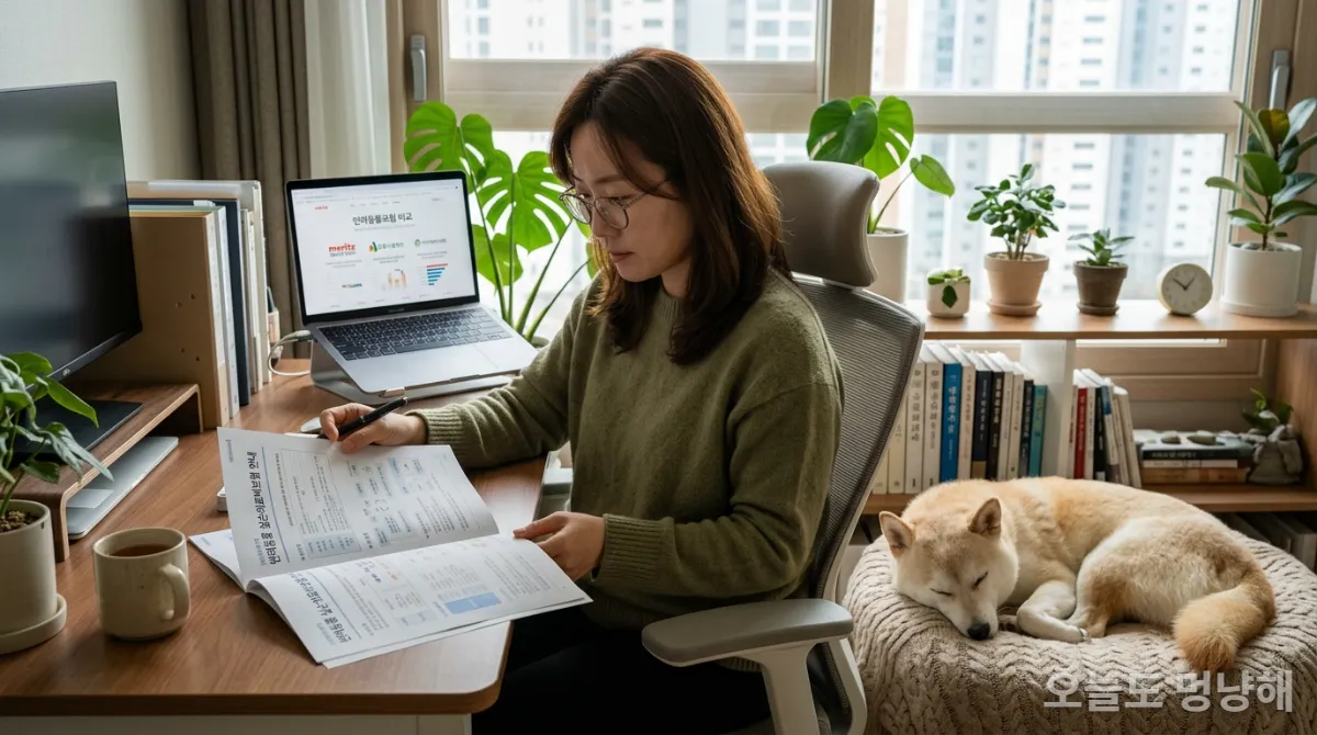 반려동물 주인이 펫보험 서류를 검토하는 모습