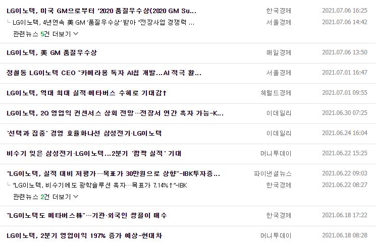 LG이노텍 뉴스, 공시