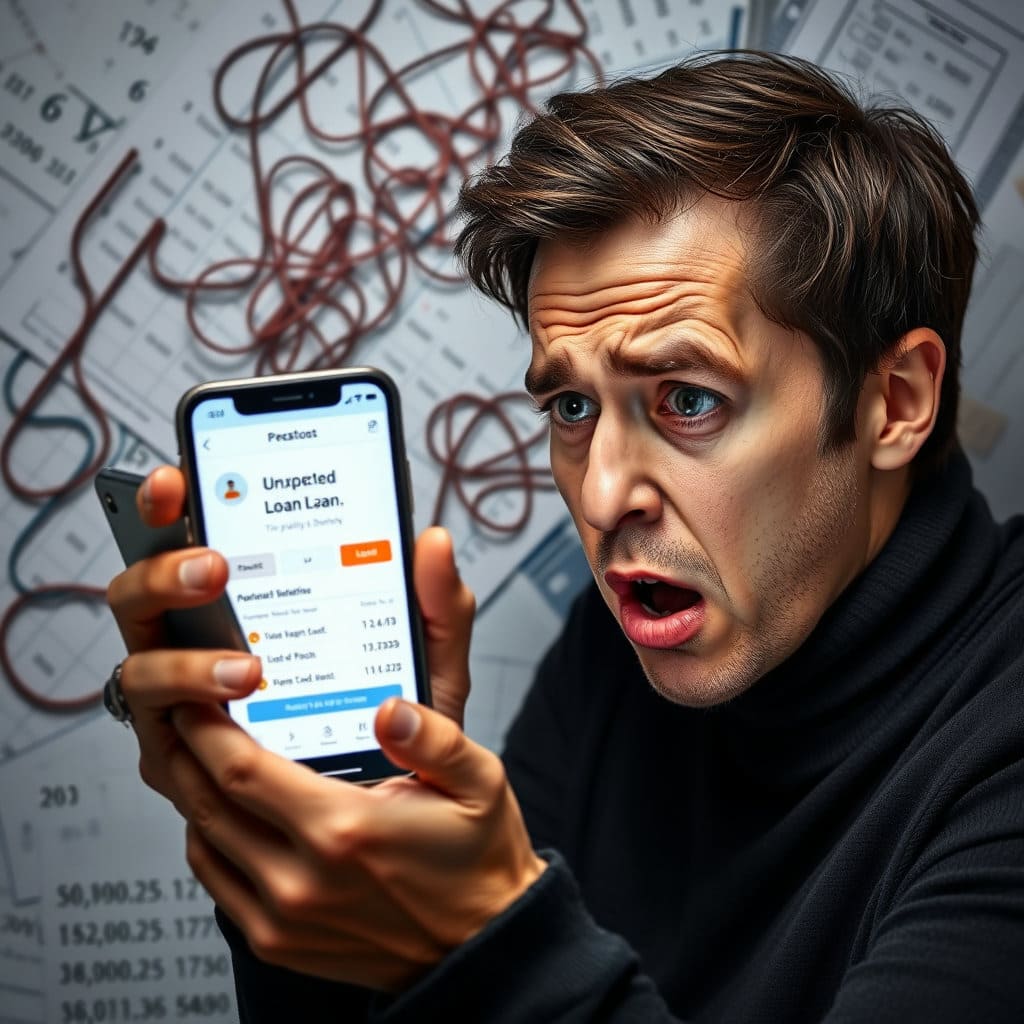 사용자가 스마트폰을 보고 당황하거나 걱정하는 표정을 짓고 있습니다. 스마트폰 화면에는 예상치 못한 대출 실행 알림이나 금융 거래 내역이 떠 있습니다. 뒤 배경에는 금융 관련 서류나 복잡한 숫자, 그래프 등이 어지럽게 얽혀 있어 금융 범죄의 혼란스러운 상황을 암시합니다. 명의 도용으로 인한 금융 피해 가능성을 보여주어 서비스의 필요성을 제기하는 이미지입니다.