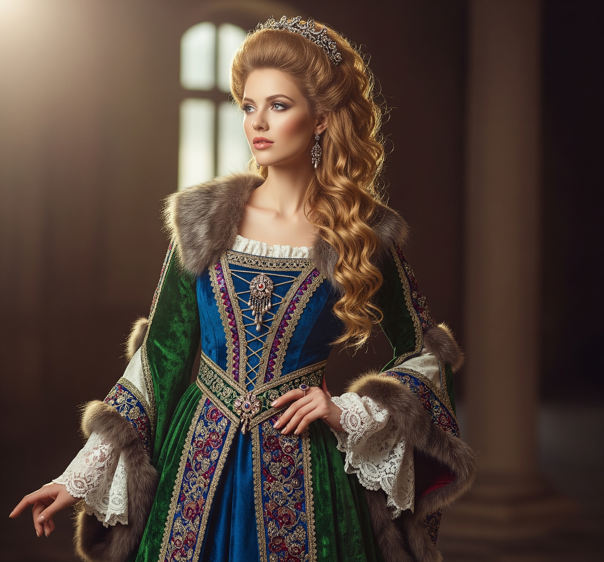 화려하고 웅장한 중세 유럽풍 드레스를 입은 모델의 모습