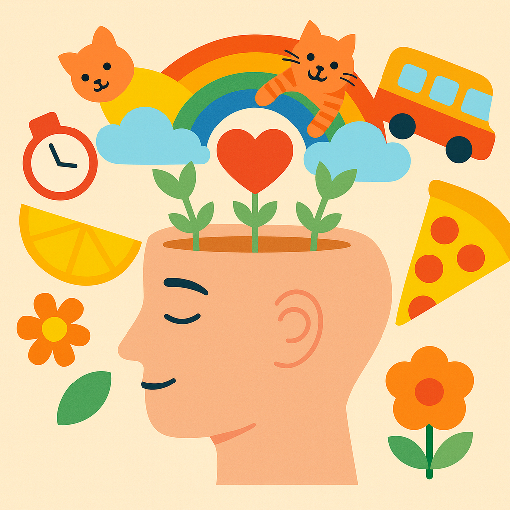 감정과 기억을 상징적으로 표현한 삽화 &ndash; 식물이 자라는 머리와 주변의 즐거운 요소들