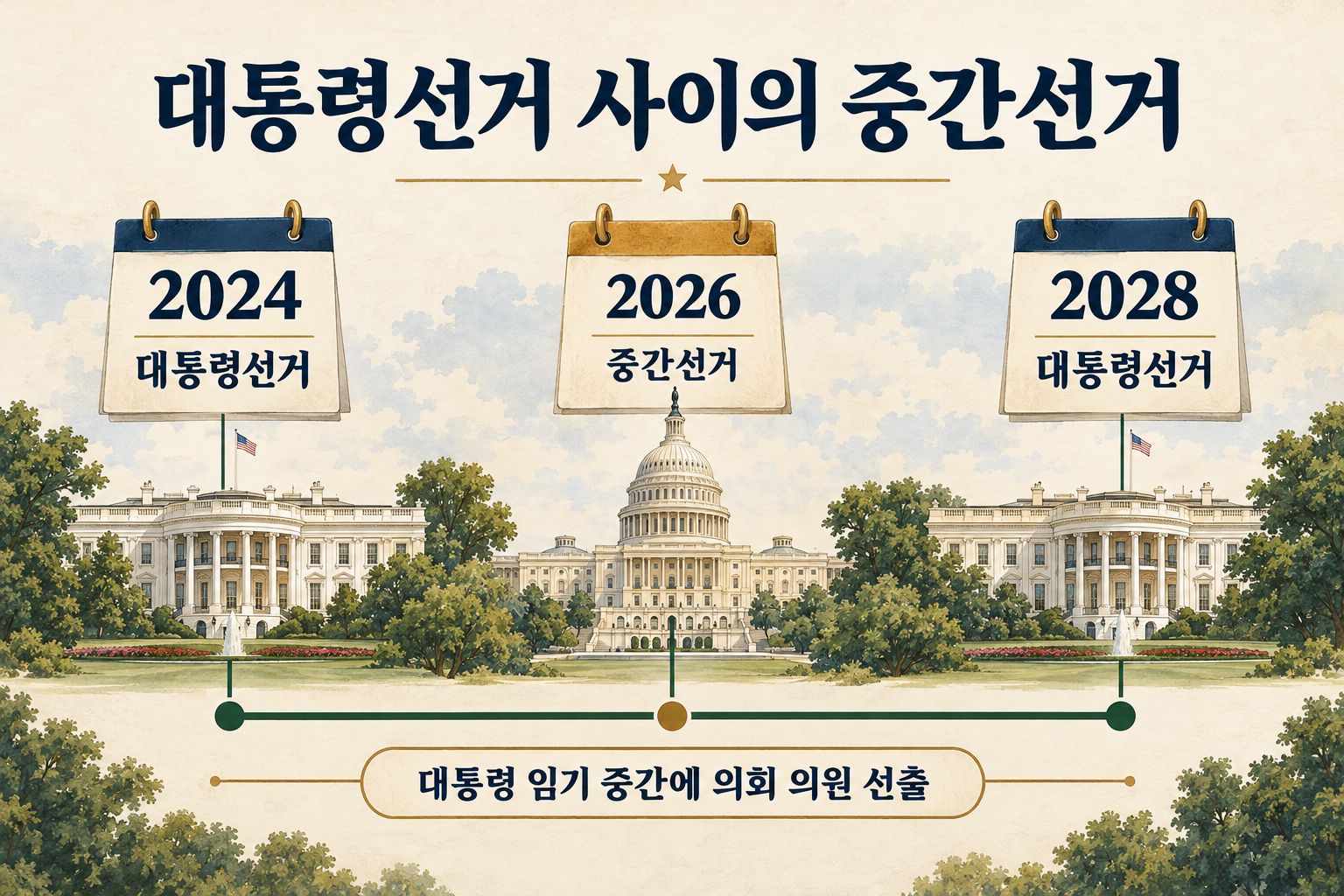 2024년 대통령선거와 2028년 대통령선거 사이에 2026년 중간선거가 열리는 흐름