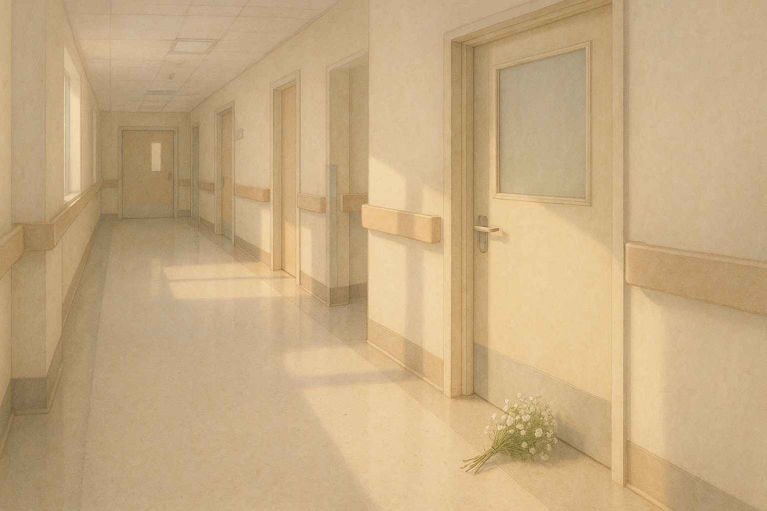 병원 병실 문 앞 소국이 놓인 전경 일러스트