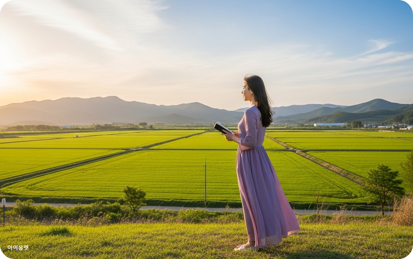 영주의 들녘을 바라보는 여주인공