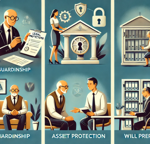 치매 환자의 법적 보호
후견인 제도 (왼쪽)-법률 전문가가 치매 환자와 보호자에게 후견 제도 절차를 설명하는 장면.
재산 보호 (가운데)-서류, 금고, 자물쇠 등이 포함된 장면으로 재산 보호와 금융 안전을 상징.
유언 및 사전의료의향서 (오른쪽)-환자가 법률가와 함께 유언장을 검토하는 차분하고 신뢰감 있는 상황.