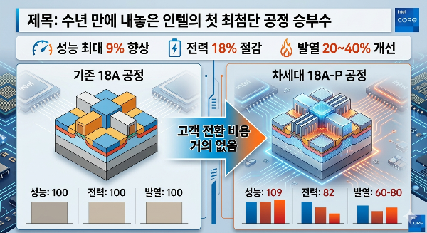 기존 18A 공정 대비 성능과 발열을 크게 개선한 인텔의 차세대 18A-P 공정 기술을 시각적으로 설명하는 인포그래픽 이미지