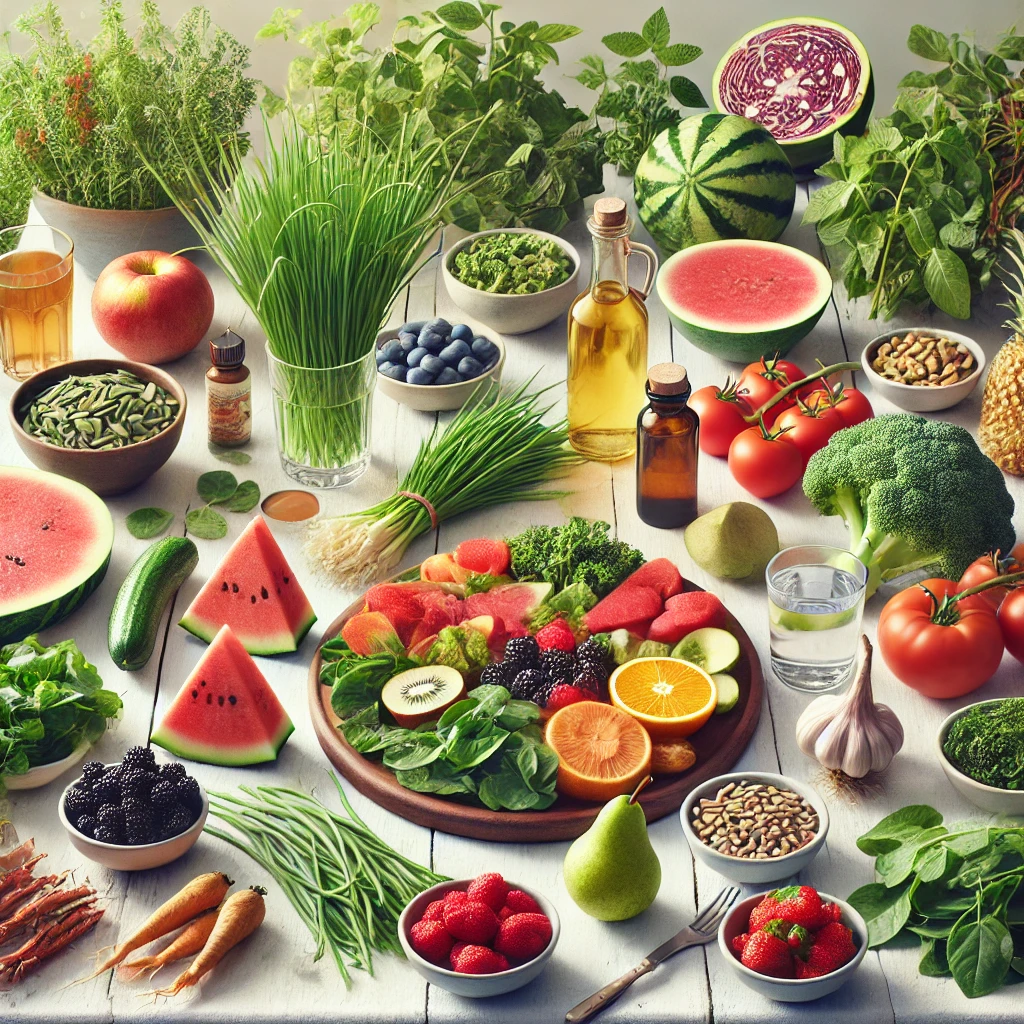 계절별 면역력을 높이는 음식을 테이블에 풍성하게 담아낸 이미지