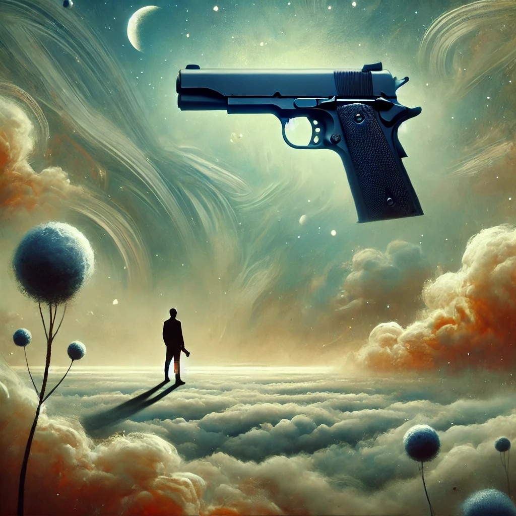 "꿈에서 총을 보는 상징적인 장면, 내면의 불안과 심리를 표현한 추상적 일러스트"