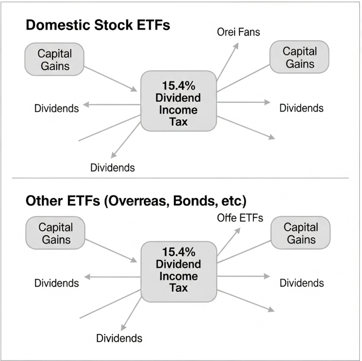 국내 상장 ETF 세금 구조를 보여주는 다이어그램. '국내 주식형 ETF'와 '기타 ETF(해외, 채권 등)'로 나뉘고, 각각의 매매 차익과 분배금에 15.4%의 배당소득세가 어떻게 적용되는지 화살표로 설명