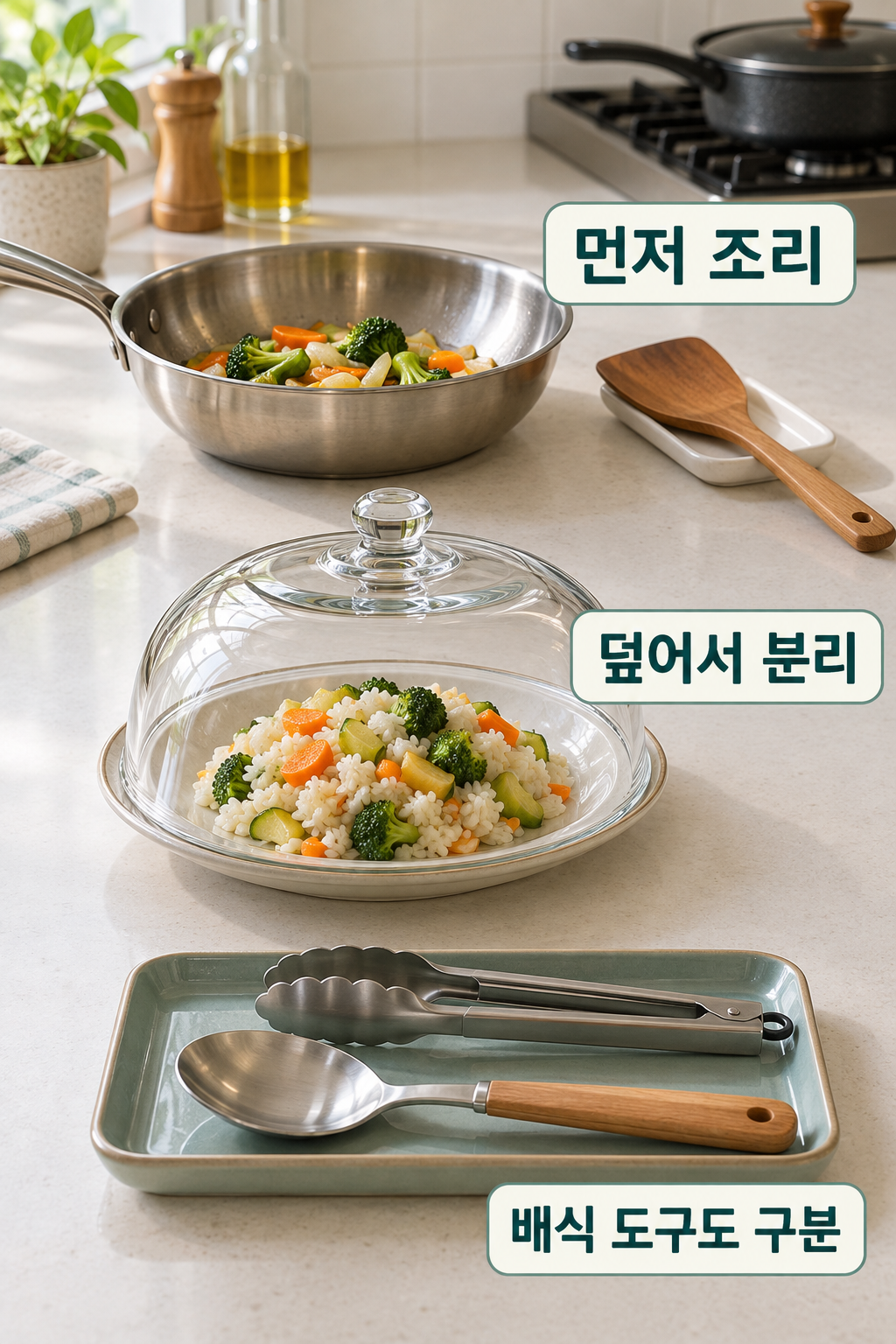 먼저 준비한 끼니를 뚜껑으로 덮고 다른 음식과 배식 도구를 분리한 조리대