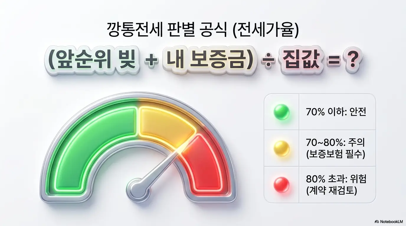 전세 계약시 유의사항: 깡통전세 판별 공식으로 앞순위 빚과 내 보증금을 합산하여 집값으로 나눈 전세가율을 계기판으로 시각화한 이미지로 70퍼센트 이하는 안전 70에서 80퍼센트는 주의로 보증보험 필수 80퍼센트 초과는 위험으로 계약 재검토가 필요함을 나타낸 이미지