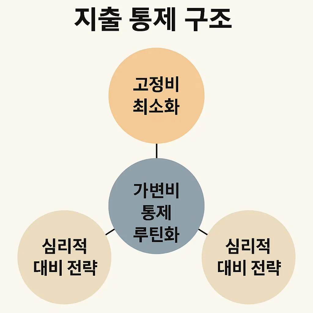 고정비, 가변비, 심리적 전략이 교차하며 '지출 통제' 중심으로 연결된 시각화 도표
