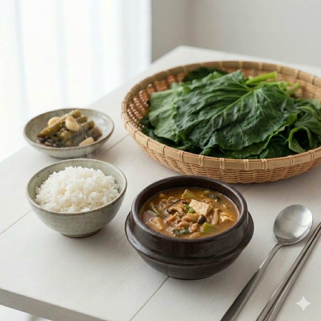 강된장 한 스푼 얹어 크게 한입 먹고 싶은, 촉촉하게 물기를 머금은 초록색 머위 잎 쌈과 달콤 짭조름한 간장 양념으로 밥반찬으로 일품인 머위 장아찌