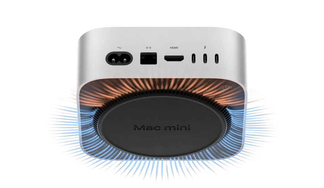 Mac mini의 내부 열처리 아키텍처로 효율적인 냉각 및 공기 흐름 유지