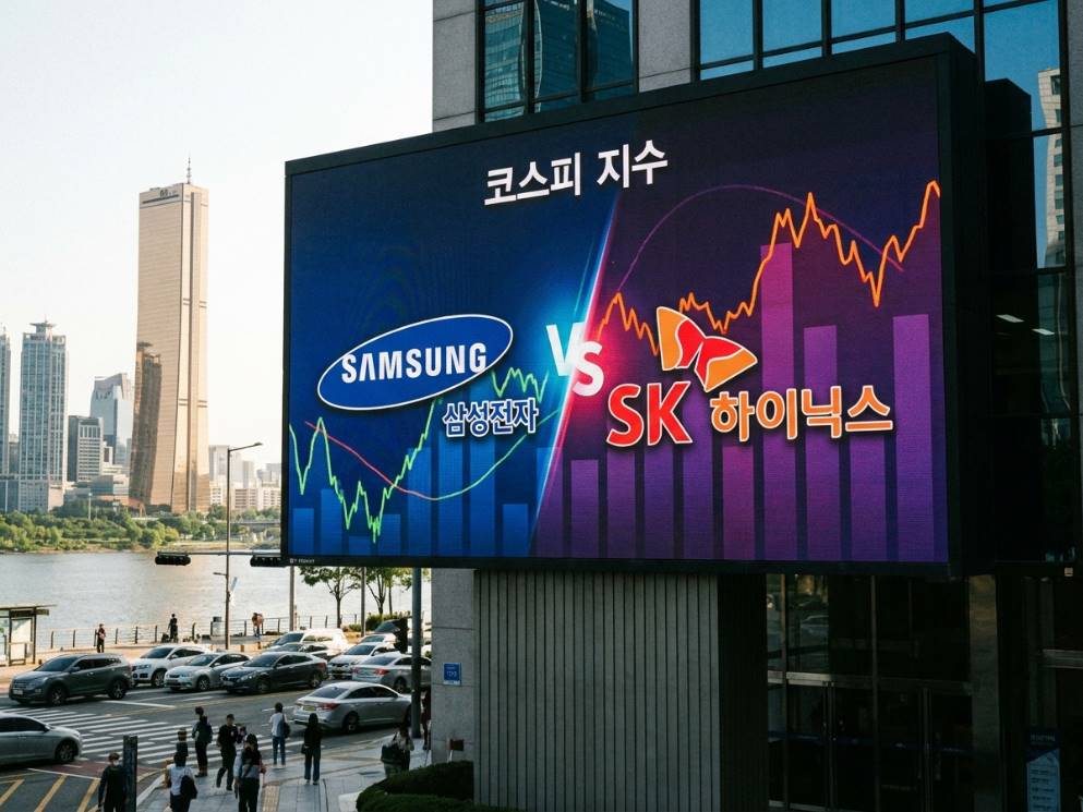 형 전광판에 코스피 지수 그래프가 표시되고 삼성전자&middot;SK하이닉스 로고가 지수 절반을 차지하는 도식, 서울 여의도 증권가 배경
