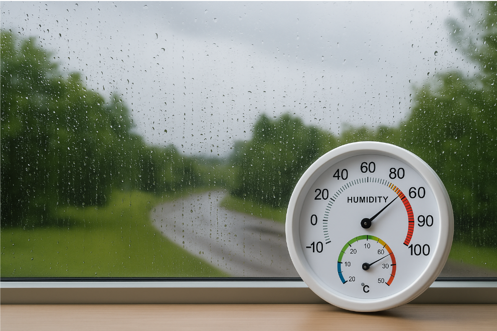 빗방울 맺힌 창밖과 높은 습도