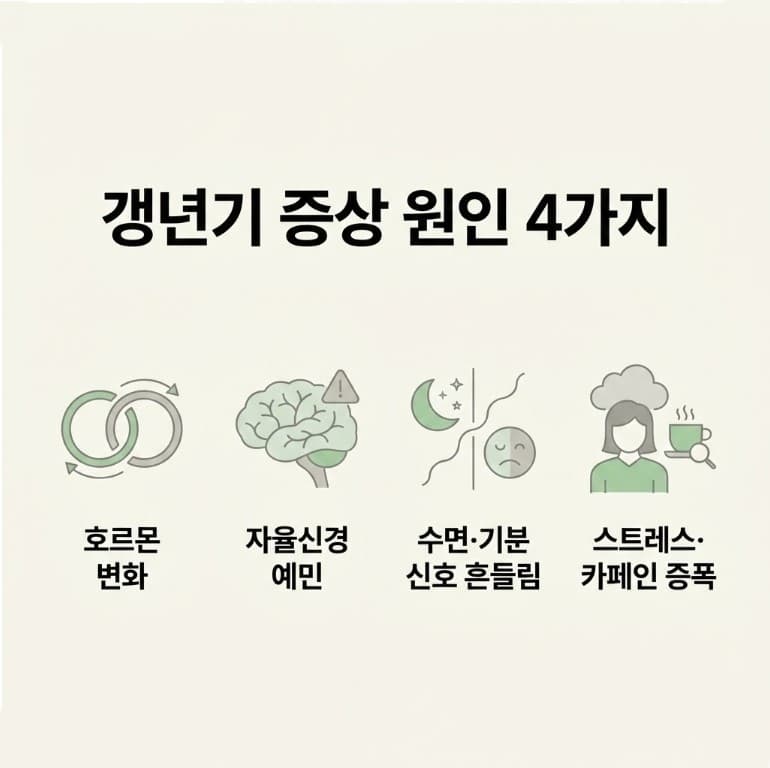 갱년기 증상 원인 4가지(호르몬 변화&amp;#44; 자율신경 예민&amp;#44; 수면&middot;기분 신호 변화&amp;#44; 스트레스&middot;카페인 증폭)를 요약한 인포그래픽