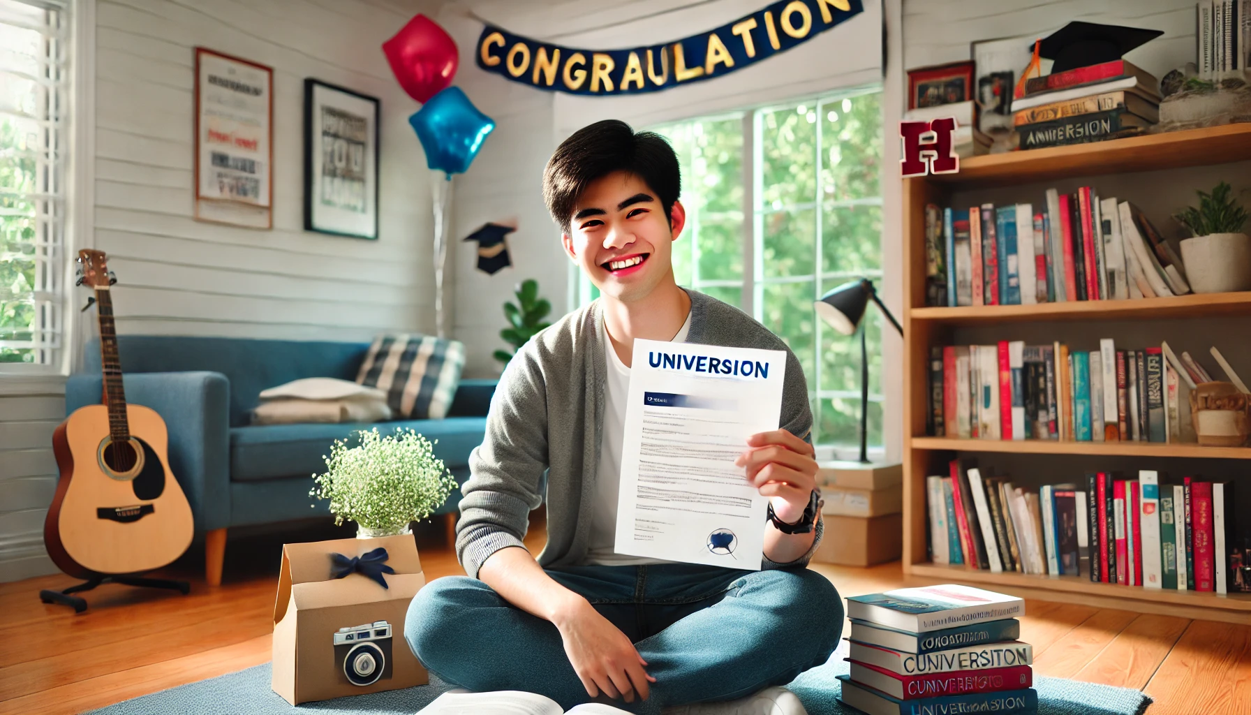 대학 합격 통지서를 들고 자신의 성취를 기뻐하는 학생의 모습을 담은 이미지