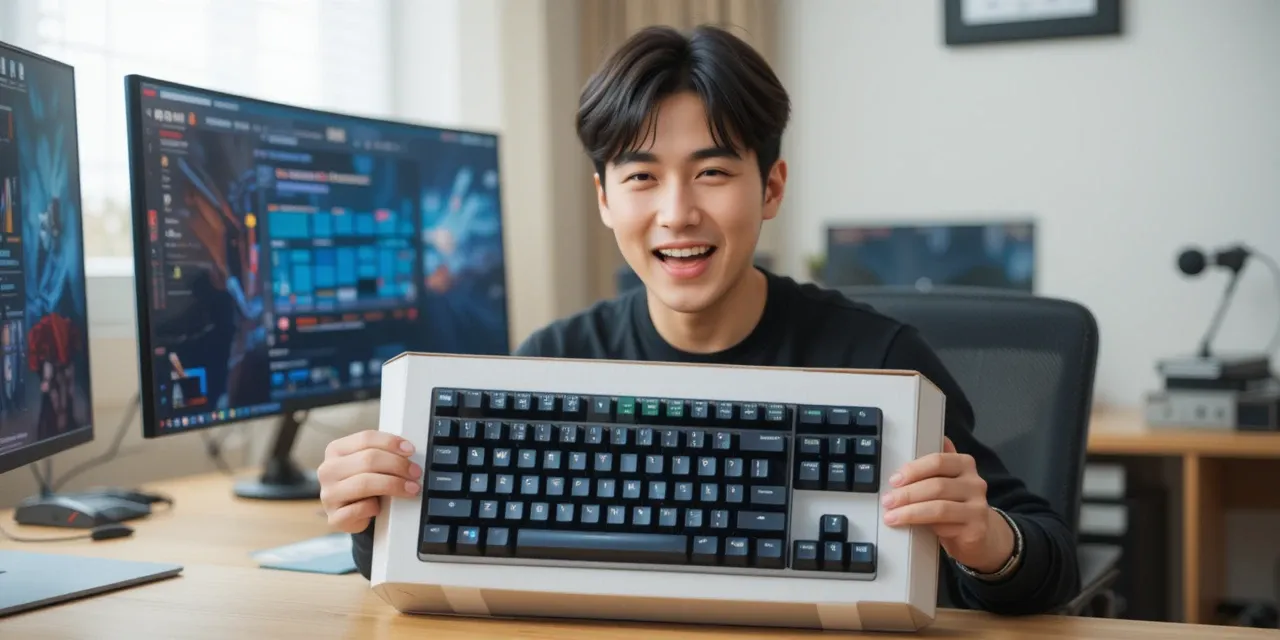 새로운 기계식 키보드 추천 모델을 언박싱하는 장면
