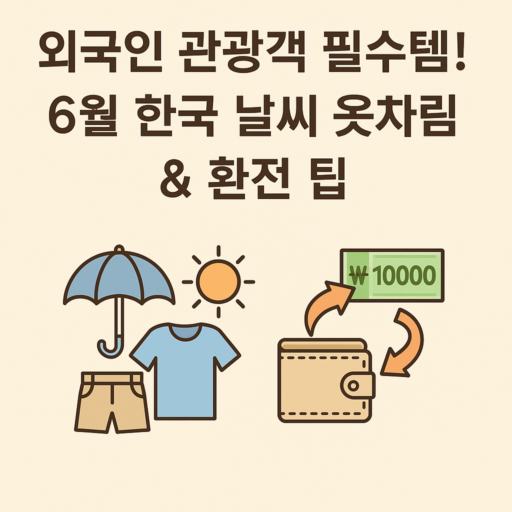 “외국인 관광객 필수템! 6월 한국 날씨 옷차림 & 환전 팁”이라는 문구와 함께, 우산, 반팔티, 반바지, 태양, 지갑, 10,000원 지폐 아이콘이 함께 배치된 일러스트 이미지. 날씨와 환전을 주제로 한 정보를 상징적으로 표현.