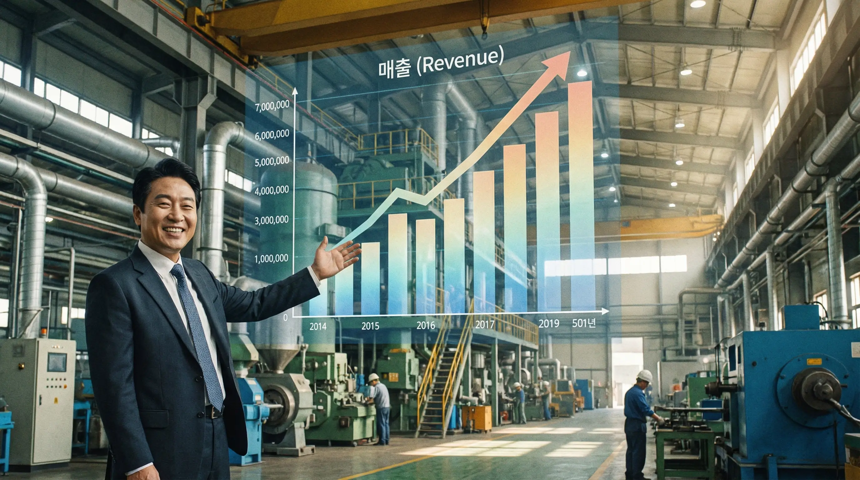 거대한 공장 설비와 함께 상승하는 매출 그래프를 보며 만족해하는 기업 대표의 모습