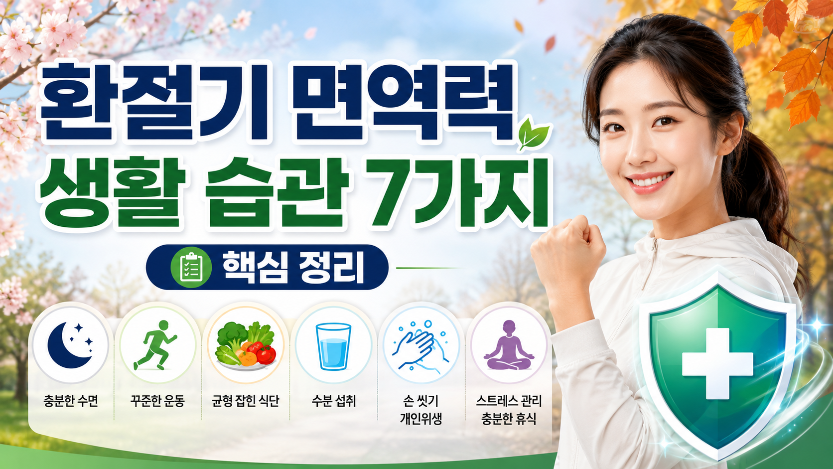 환절기 면역력 높이는 생활 습관 7가지를 수면, 운동, 식단, 수분 섭취, 손 씻기, 스트레스 관리 아이콘으로 정리한 이미지