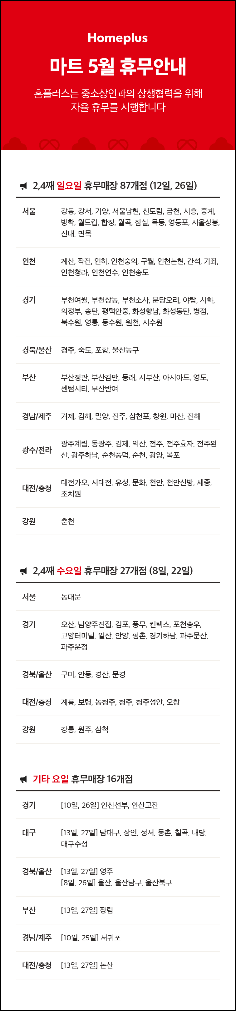 5월 홈플러스 휴무일 및 영업시간