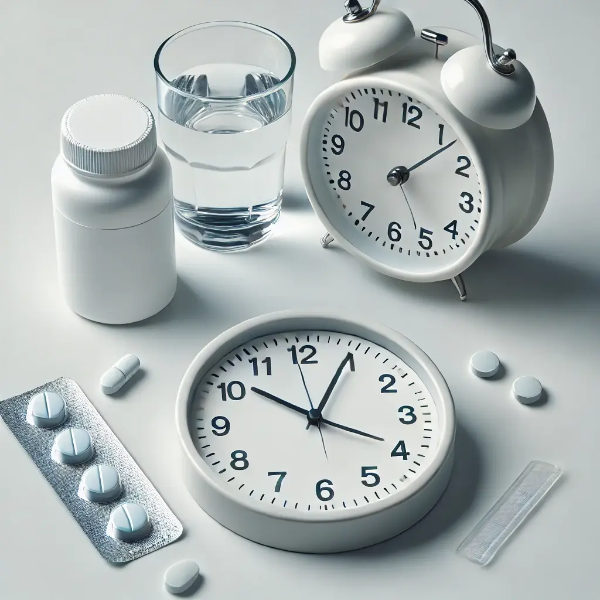 어지럼증 약 복용 타이밍을 상징하는 이미지 – 흰 약통, 정제, 아날로그 시계, 물잔이 정돈된 연출