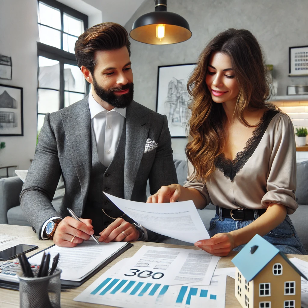 부동산 투자 서류를 검토하는 연예인과 중개인