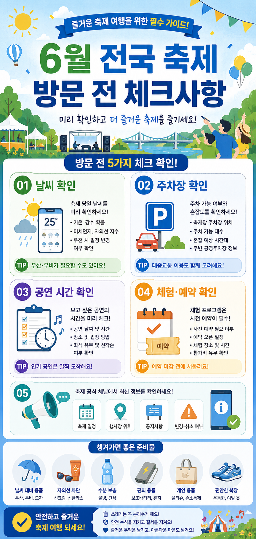 6월 전국 축제 방문 전 체크사항 안내 인포그래픽. 날씨 확인, 주차장 확인, 공연 시간 확인, 체험 예약 확인, 준비물 확인 항목을 아이콘으로 표시한 깔끔한 세로형 카드뉴스 이미지.