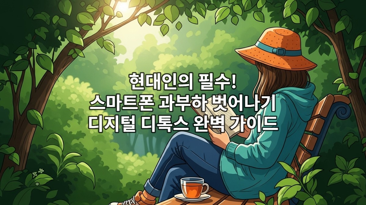 푸른 공원 벤치에 앉아 책을 읽으며 차를 마시는 사람의 평화로운 모습. 스마트폰 없이 자연 속에서 휴식하는 디지털 디톡스 풍경.