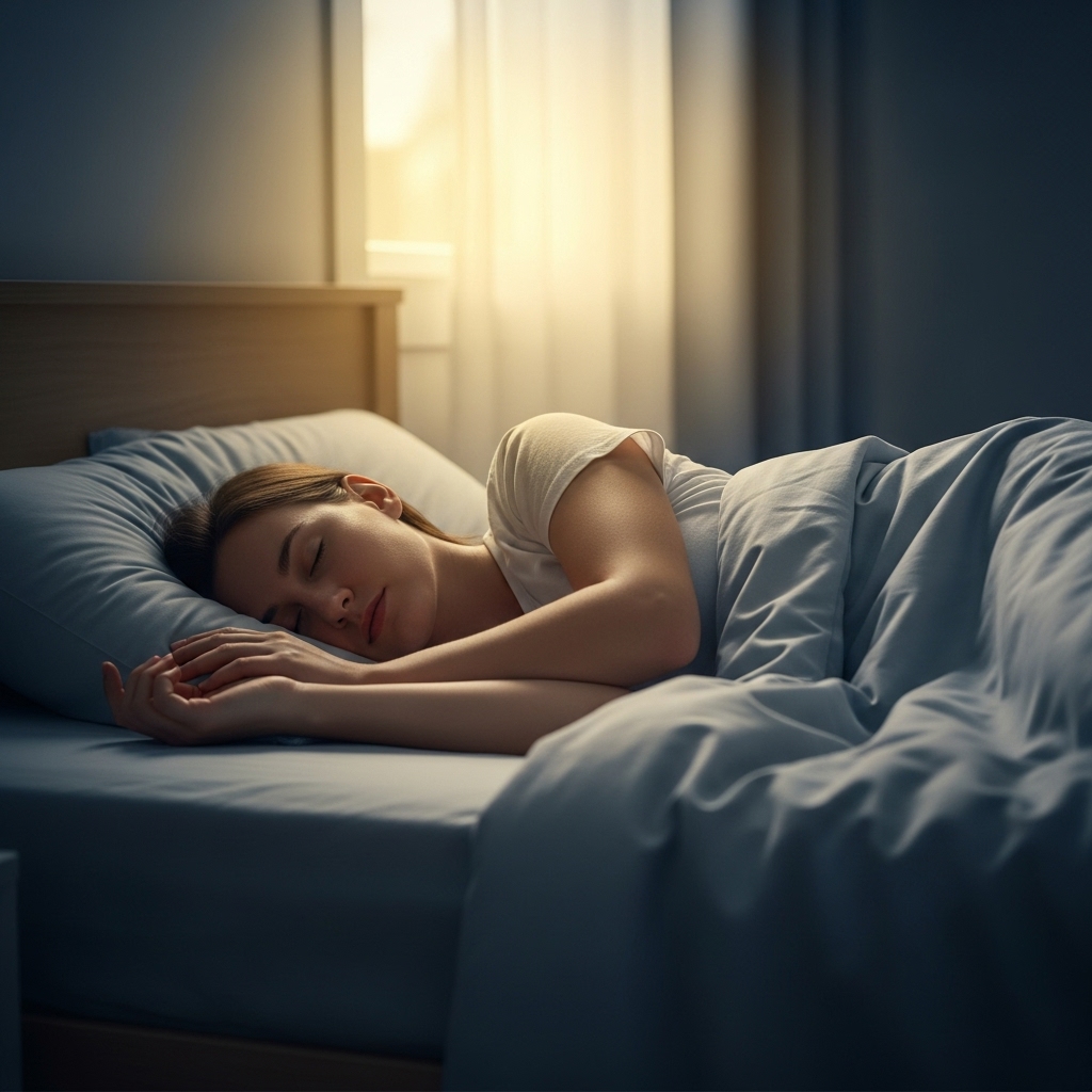 밤에 평화롭게 잠든 사람의 모습, 왼쪽 옆구리 통증 없이 편안한 숙면을 취하는 침실 풍경.