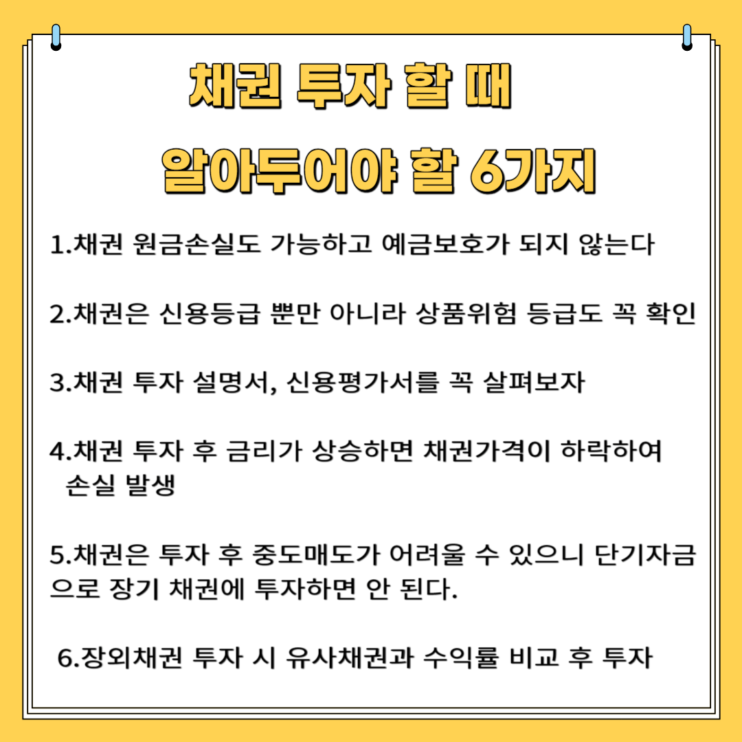 채권 투자 할 때 알아두어야 할 6가지 1.채권 원금 손실도 가능하고 예금 보호가 되지 않는다 2.채권은 신용 등급 뿐만 아니라 상품 위험 등급도 꼭 확인 3.채권 투자설명서 신용 평가서를 꼭 살펴보자 4.채권 투자 후 금리가 상승하면 채권 가격이 하락하여 손실 발생 5.채권은 투자 후 중도 매도가 어려울 수 있으니 단기 자금으로 장기 채권에 투자하면 안된다 6.장외 채권 투자 시 유사 채권과 수익률 비교 후 투자