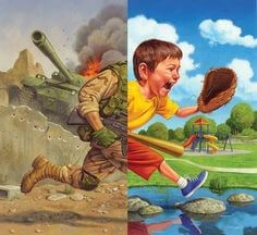 왼쪽은-전쟁후-탱크가-보이며-군복을-입고있고-오른쪽은-전쟁전-평화롭게-야구-글러브를-끼고-달려가는-합성-일러스트