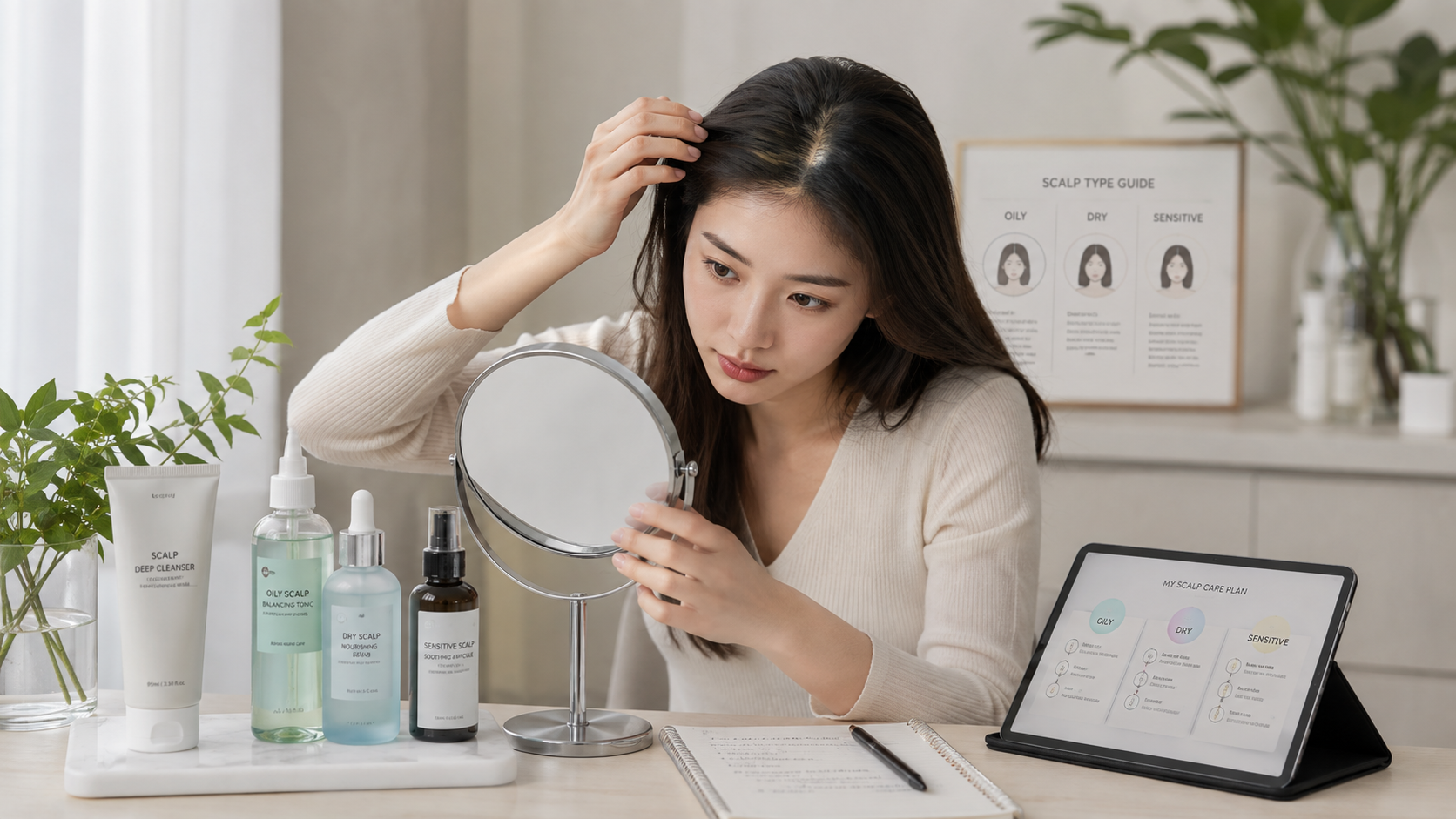 두피 타입에 맞는 제품과 관리법을 확인하는 맞춤형 두피 스킨케어 장면