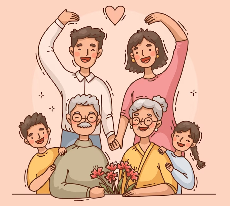 시부모님과 함께 행복한 모습의 가족 일러스트