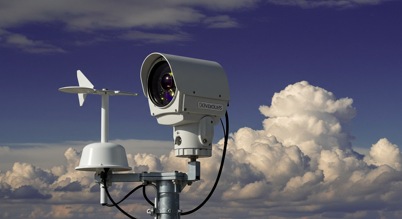 적외선 센서를 통해 밤에도 구름과 태풍을 관측하는 기상 위성 일러스트