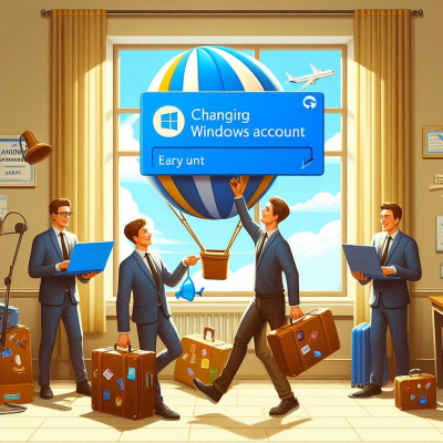 윈도우 계정 변경을 나타내는 화면과 직원들이 대화하는 장면