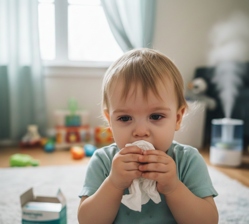 어린 아이가 비염 때문에 코가 막혀 하는 모습