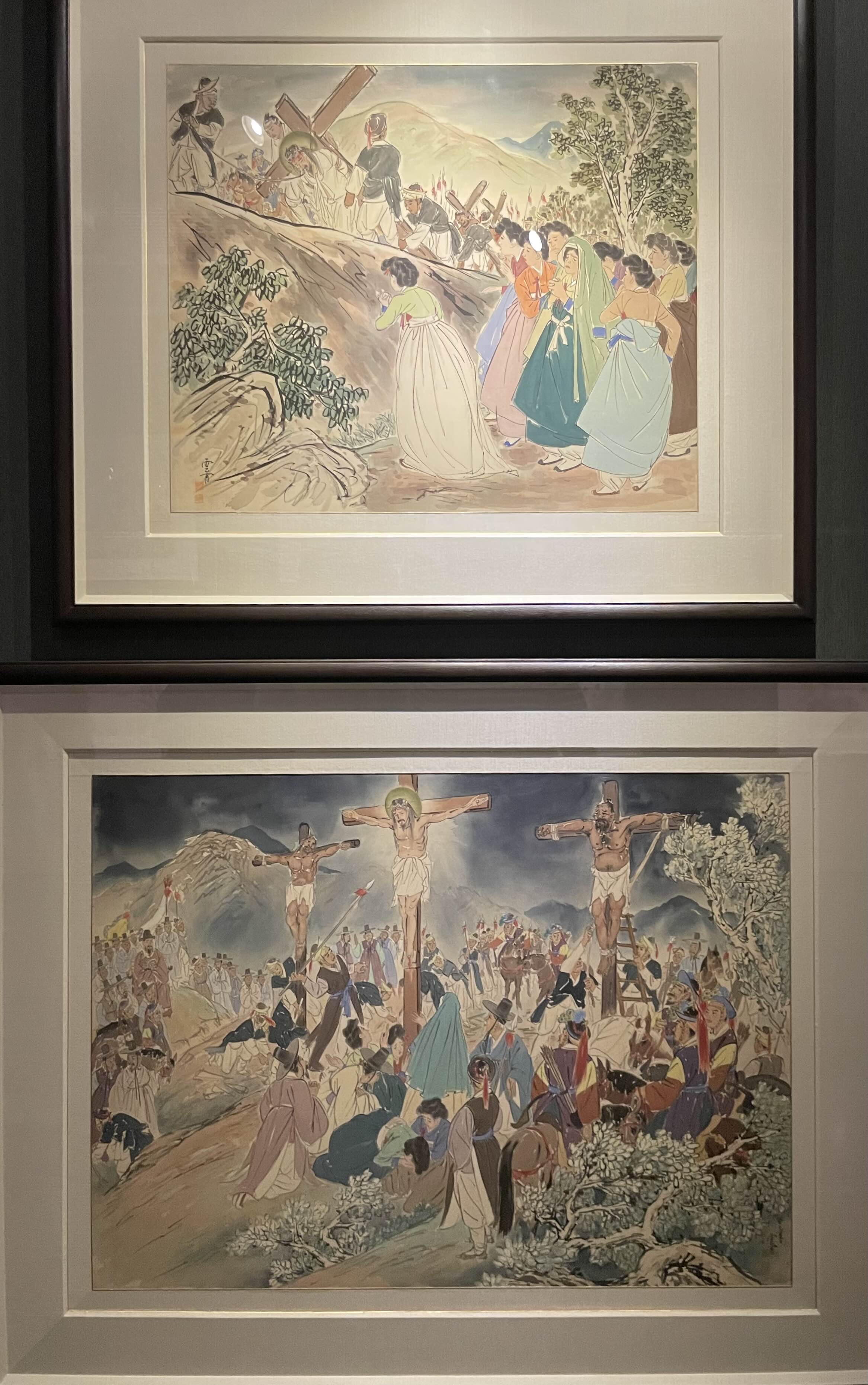 김기창 - 예수의 생애 : 25. 십자가를 지고, 26. 십자가에 못박힘. (1952-1952, 비단에 채색)