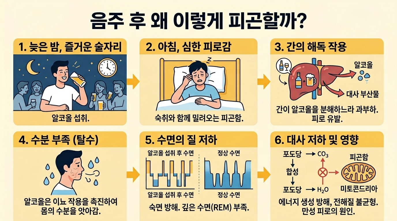 술을 마신 다음날 피로가 생기는 원인으로 간 해독, 탈수, 수면 질 저하를 설명하는 건강 인포그래픽