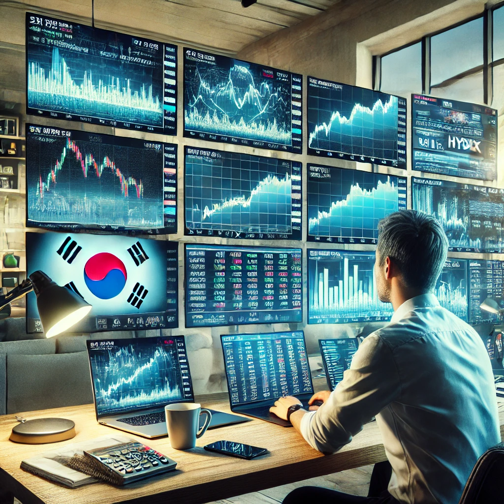 "2025년 한국 주식시장 거래시간 연장 후, 개인 투자자가 집에서 다중 모니터를 통해 실시간 주가 데이터를 분석하는 모습"