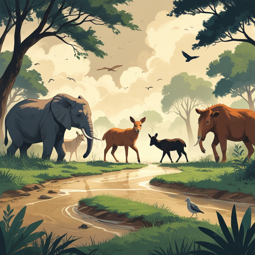 환경의 급격한 변화를 감지하고 한 방향으로 이동하는 동물들의 모습을 표현한 장면